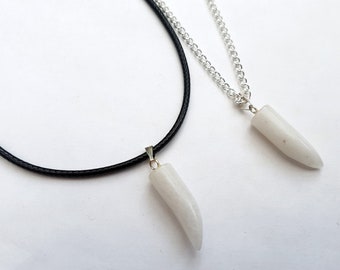 Tusk necklace, dragon tooth, white quartz horn on silver chain or black cord