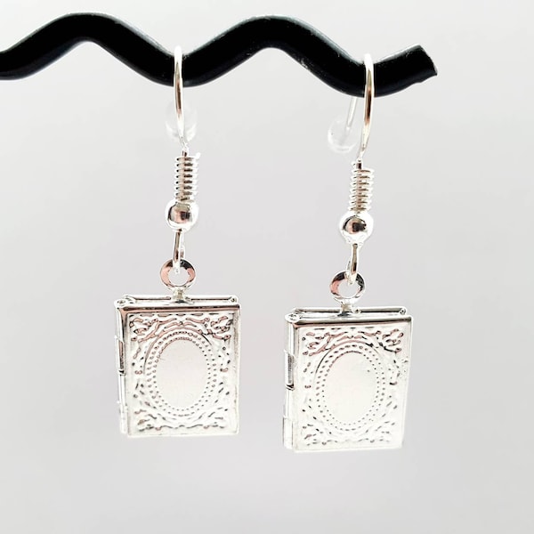 Silver plated book locket earrings