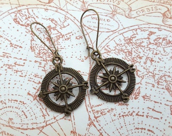 Compass charm earrings, antique bronze, pirate, nautical, travel
