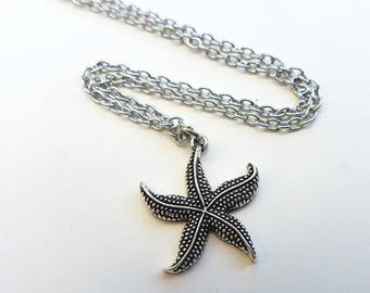 Starfish necklace, antique silver charm on chain, nautical