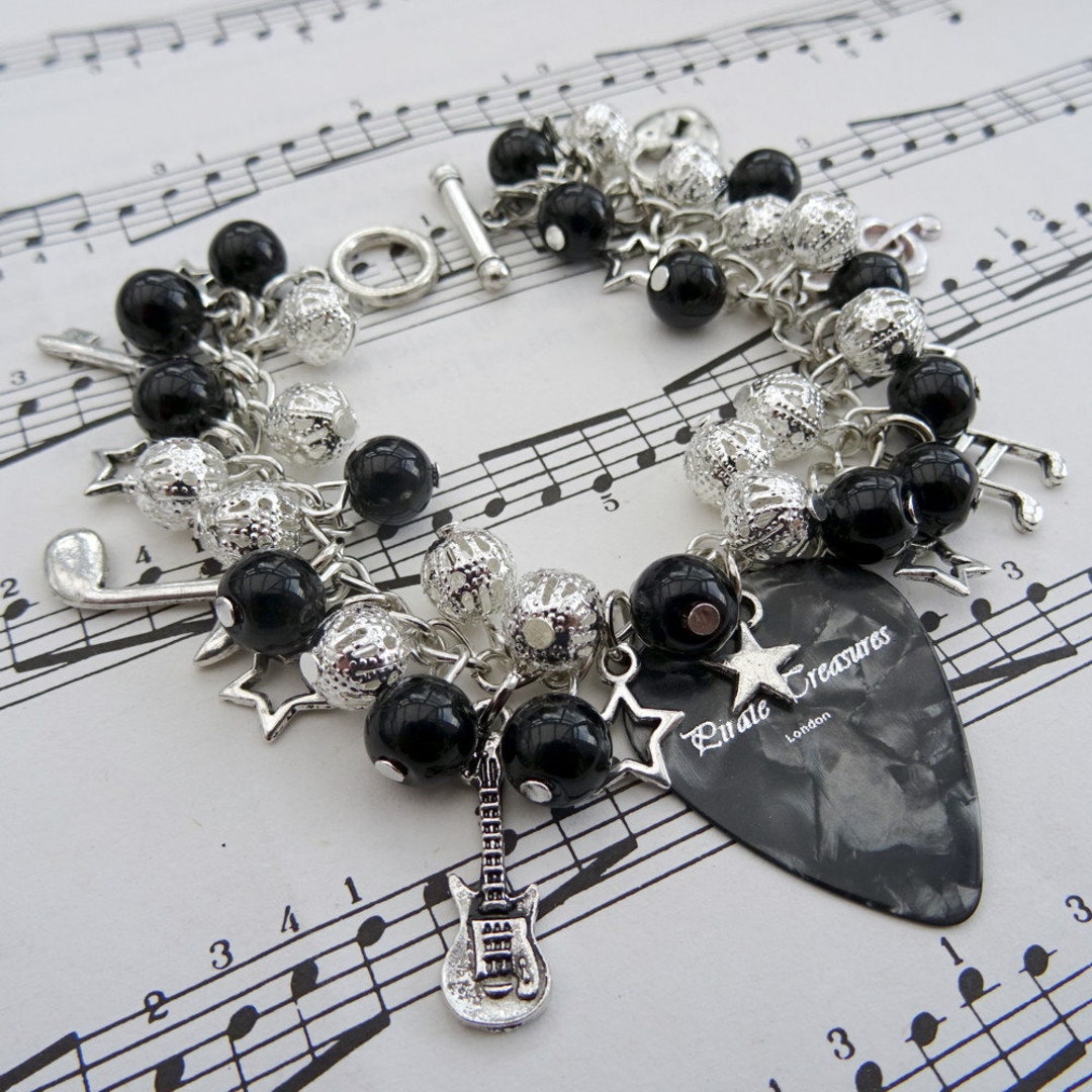 Music Charm Bracelet, Plectrum Guitar, Music Notes Bracelet, Black