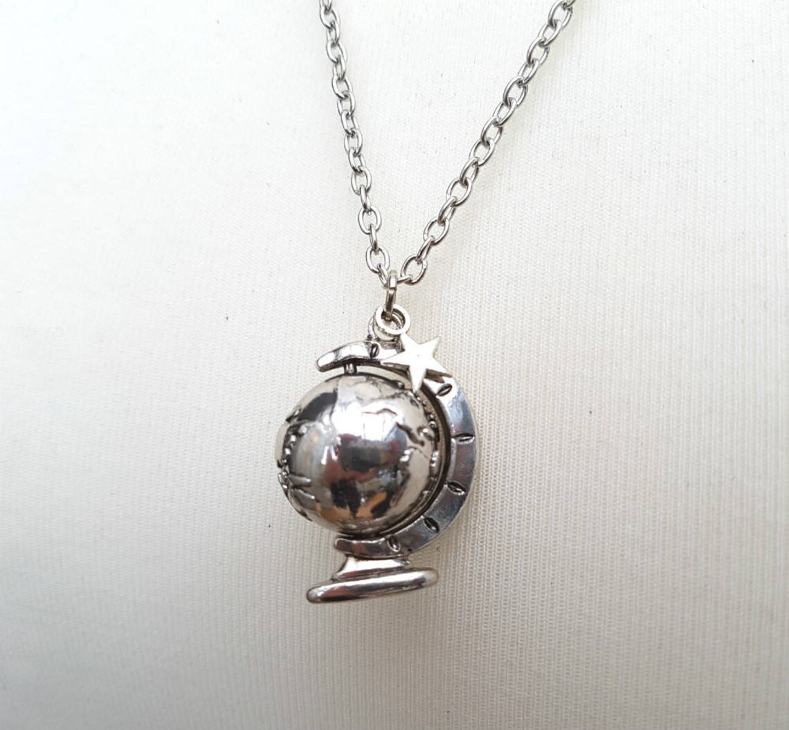Globe Necklace Spinning Globe Silver Star Charm on Long Etsy