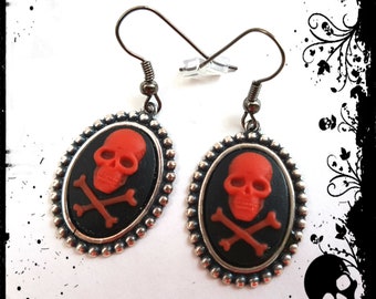 Pirate earrings, skull and crossbones cameo, red on black skull in antique silver setting