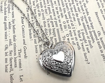 Antique silver tone heart locket, stainless steel necklace on chain, vintage style design