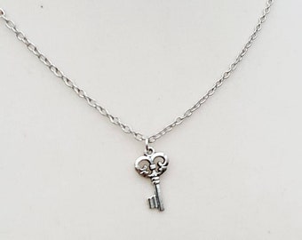 Small silver key necklace - antique silver tone vintage inspired charm on chain