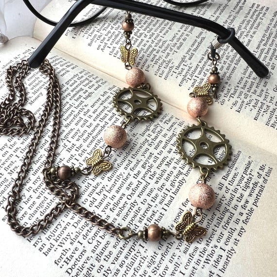 Steampunk glasses chain with bronze cogs, copper beads and gold butterflies, sunglasses spectacles chain, vintage style cord