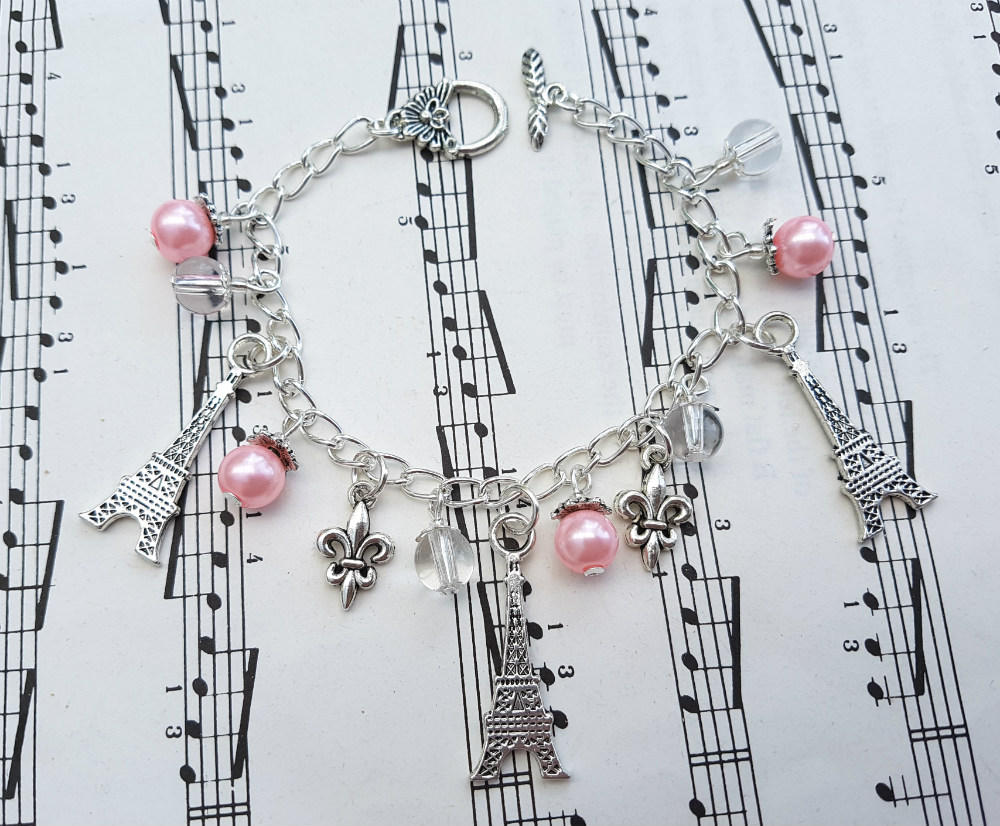 Eiffel Tower Bracelet Silver Paris Charms Fleur De Lis Pink Etsy