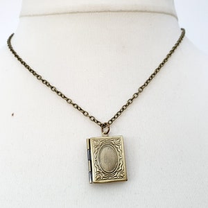 Antique bronze book locket necklace on chain