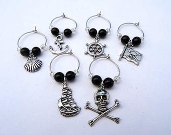 Pirate wine glass charms - pirate theme wedding or party accessories set of 6, drinks charms