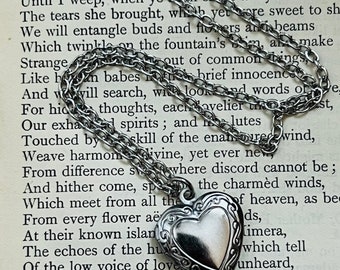 Stainless steel heart shaped locket necklace, on silver tone chain, vintage inspired style