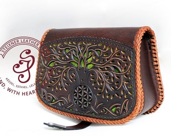 Tree of life  Engraved Leather Belt Pouch, Personalized Viking Pouch, Belt Pouch Fanny Pack for Women Leather Hip Bag, Bum Bag women