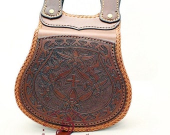 Leather tooled sporran, Stunning Hand Crafted Iona Cross Scottish Sporran. Personalised leather belt bag with custom pattern