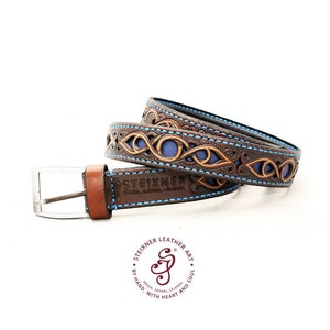 Blue Leather Belt, Hand Tooled Leather Belt, Custom Personalized Fantasy leather belt,Handcrafted abstract leather belt,Festival Accessories