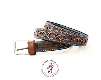Blue Leather Belt, Hand Tooled Leather Belt, Custom Personalized Fantasy leather belt,Handcrafted abstract leather belt,Festival Accessories