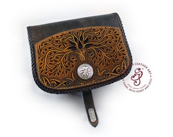 Tree of life leather sporran, medieval style viking tooled hip  bag with belt, nordic pattern by stexinerleatherart