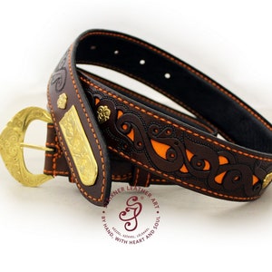 Floral Leather Belt, Hand Tooled Leather Belt, Women Engraved Belt, Upcycled Fashion, Cow Leather Belt, Hungarian Folk Art, Designer Belt