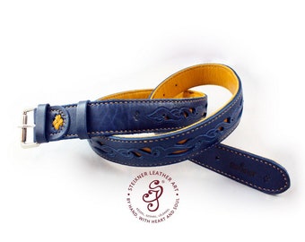 Stitched Leather Belt, Blue Leather Belt, Custom Engraved Leather Belt, Men Accessories, Silvered Belt Buckle, Groomsmen Gift, Festival Belt