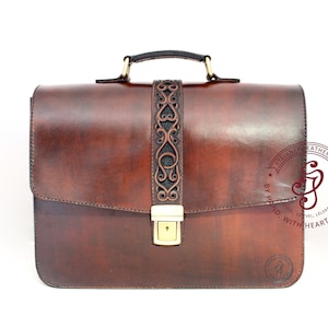 Hand tooled Leather Laptop Messenger Bag, Personalized Leather Briefcase Shoulder Crossbody Bag Monogram, Leather Anniversary Gifts Men