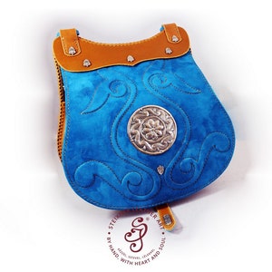 70s crossbody leather bag, Vintage tooled leather bag, Blue embossed Shoulder bag boho chic hand sewn leather bag,  Boho Crossbody Bag