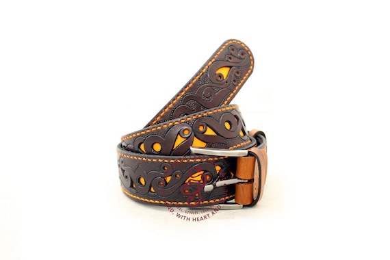 Full Grain Leather Belt, Ornamented Belt, Hand Tooled  display picture 2