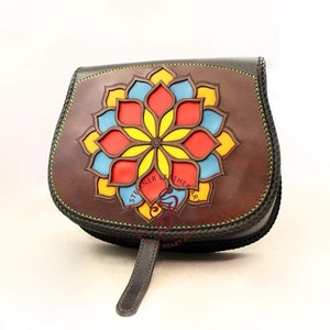 Ready to ship Mandala Hand Tooled Full Grain Leather Bag, Small Handbag, Retro Women&#39;s Shoulder Unique Leather Bag Mothers Day Gift For Her
