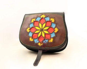 Ready to ship Mandala Hand Tooled Full Grain Leather Bag, Small Handbag, Retro Women's Shoulder Unique Leather Bag Gift For Her Friend Mum