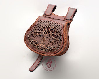 Tree of life Leather belt bag, Medieval bag, Belt Pouch, Falconry bag, Celtic Boho chic bag, Historical belt bag, Larp leather pouch Cosplay