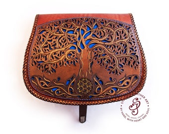 Norse Mythology Hand Tooled Genuine Leather Crossbody Bag, Tree of Life Full Grain Leather Bag, Festival Bag, Thank You Gift, Saddle Bag