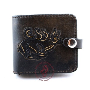 Cartera de cuero real personalizada con ciervo, cartera de cuero de cazador vintage hecha a mano, billetera personalizada con iniciales talladas a mano, regalo de Navidad