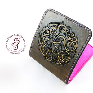 Cartera de cuero personalizada, monedero de cuero rosa y marrón hecho a mano para ella