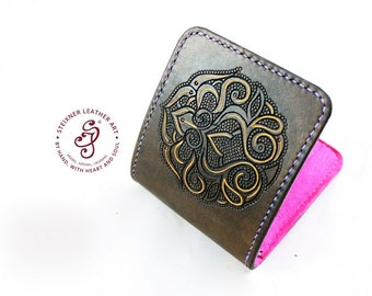 Personalized Leather Wallet, Pink And Brown Handmade Leather Purse for Her