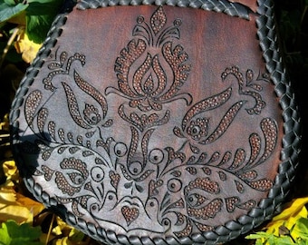 Hand carved leather belt pouch boho bag, exclusive bag, genuine leather bag, unique belt bag purse, ethnic bag for ladies, vintage bag women