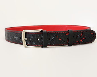 Ceinture sculptée florale, ceinture en cuir outillée à la main, ceinture viking, cadeau du 3e anniversaire, ceinture en cuir pleine fleur, cadeau pour lui, Steixnerleatherart