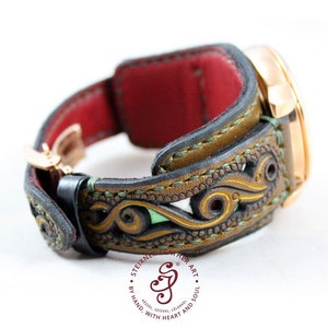 Full Grain Leather Watch Cuff, Viking Watch Band, Hand Tooled Leather Accessories For Men,Celtic Watch Strap,Gift for him