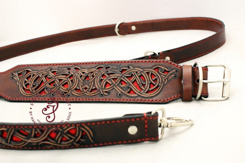 Pierced Leather dog collar, Personalized dog collar, Colorful Leather rustic dog, Celtic Collar or Buckle Collar for Medium to Large Dogs image 10