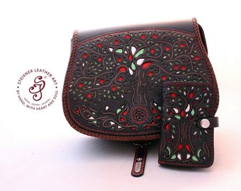 Genuine Leather Bag, Set Of 2, Cow Leather Wallet, Artisan Accessories, Women Crossbody Bag, Tree Of Life, Hand Tooled Pouch, Personalized