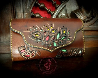 Hand Carved Leather Wallet, Personalized Pouch, Full Grain