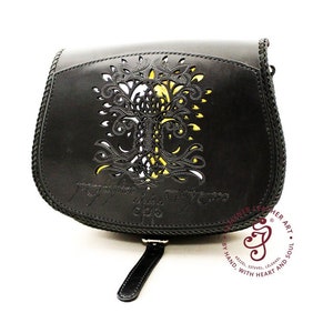 Two Trees of Valinor Hand tooled Black leather bag, Custom Black leather purse, Tooled leather Groomsmen gift, Engraved Bag,Unique Mens Gift