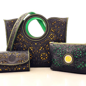 Tooled Leather Bag and Wallet Set, Luxury Woman Handbag, Shoulder Bag and Purse Set, Floral Woman Bag, Christmas Gift for Wife, Mom, Her