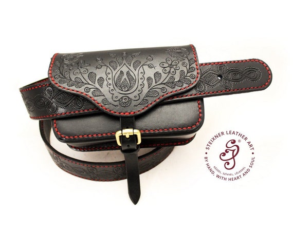 Borsa da cintura in pelle marrone scuro: marsupio in pelle pieno fiore fatto a mano - Italia Borsa da cintura in pelle marrone scuro: marsupio in pelle pieno fiore fatto a mano - Italia