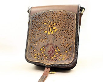 RTS Tree of life Crossbody Bag, Norse Mythology Full Grain Leather Shoulder Bag, Yggradil 3rd Annviersary Gift, Cristmas Gift