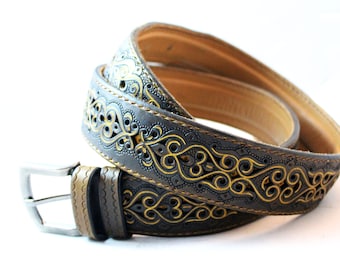 Engraved Leather Belt, Hand Tooled Leather Belt, Custom Belt, Men Accessories, Full Grain Leather Belt, Festival Belt, Groomsmen Gift