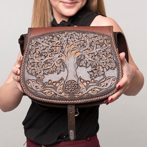 Full Grain Leather Shoulder Bag, Norse Mythology Small Crossbody Bag, Leather Saddle Bag, Flower of Life,  Tree of Life Festival Bag, Gift