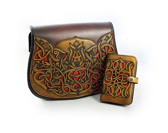 Hand Tooled Vintage Women's Saddle Bag with Tulip with matching Leather Bag Wallet Tolled Leather Purse Engraved Leather Clutch Celtic