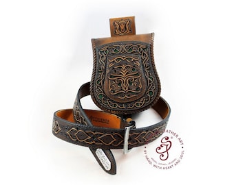 Handmade handtooled Leather Sporran with Belt Tree Of Life Unique Leather Belt Pouch, Leather Belt Pouch hungarian tarsoly with Leather Belt