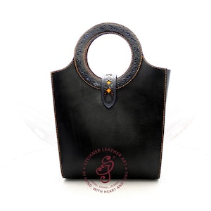Blue leather woman bag, Boho tote bohemian bag floral pattern handle, Vintage style handbag,