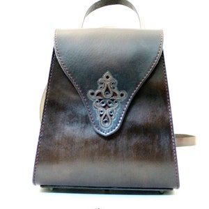 hand carved MINI BACKPACK PURSE leather small dark brown leather, Backpack Purse, Daughter Gift, Birthday Gift for her, leather anniversary