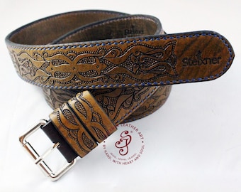 Brown Leather Belt, Hand Tooled Leather Belt, Celtic Belt, Men Accessories, Full Grain Leather, Artisan Belt, Groomsmen Gift , Steixner