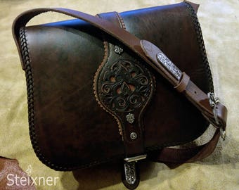 Exclusive Hand Tooled Full Grain Leather Crossbody Festival Bag, Genuine Leather Shoulder Bag, Medieval Bag, 3rd Anniversary Gift for Her