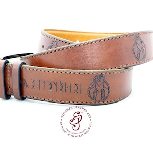 Personalized 4 cm wide hand tooled belt, Hand carved leather belt for men, Unique belt with runic letter carving